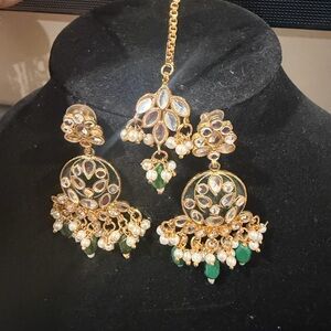 Gold and Green Kundan Jhumka Earrings with Maang Tikka - Women Jewelry